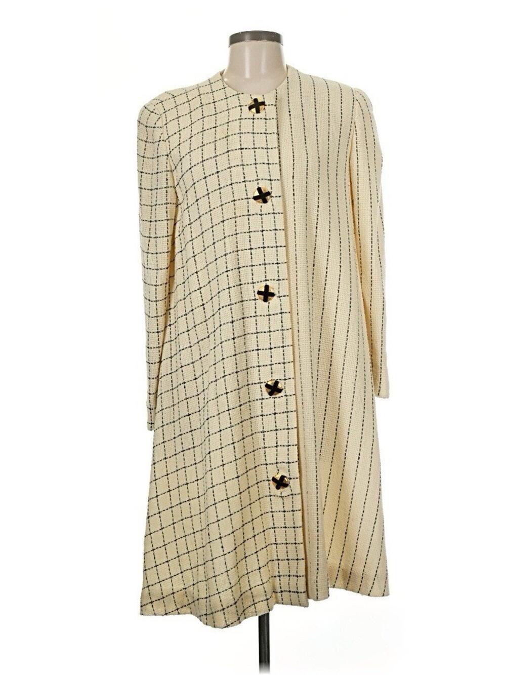 VTG Steve Fabrikant Cream Wool Printed Mixed Pattern Long Coat Gold Buttons 8